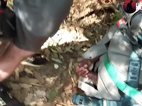 An Uber motorcycle delivery boy takes a married businessman to a park and gets a blowjob in the woods.