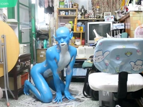 Young Japanese man’s body art: Digitmon Veemon Boy cosplay with a kinky twist.