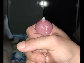 Jatos big cock cums hard and creates a milk lake on her body