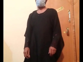 Solo boy with a big dick, Pakistani, masturbates in a black gown.