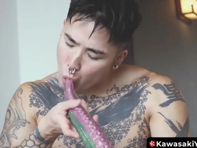 Yoshi Kawasakis solo scene with anal prolapse fetish and tattoo close-up.
