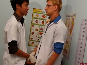 Uniformed twinks have a three woman experience with an Asian patient.