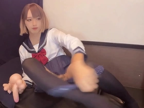 Solo play with a big dick in a blonde cosplay costume