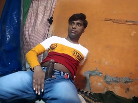 Muscular hunk strips, reveals his huge cock and goes wild.