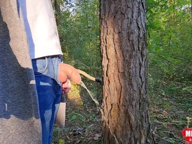 Young Japanese boy masturbates outdoors and urinates while having a video chat with others.