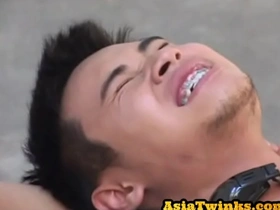 Young Asian guy with braces gives a blow job and then gets nailed in the locker room