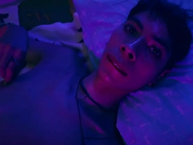 A slim, circumcised Latino man masturbates and gets a lot of pre-cum and semen.