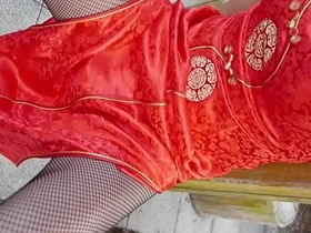 Japanese crossdresser in sexy qipao stockings, solo play.
