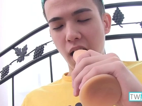 Xander H is a skinny brunette boy who likes to pleasure himself by touching his big cock and fucking a dildo.