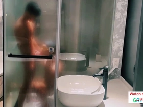 One Vietnamese man’s solo pleasure with two bisexual hunks in a bathroom